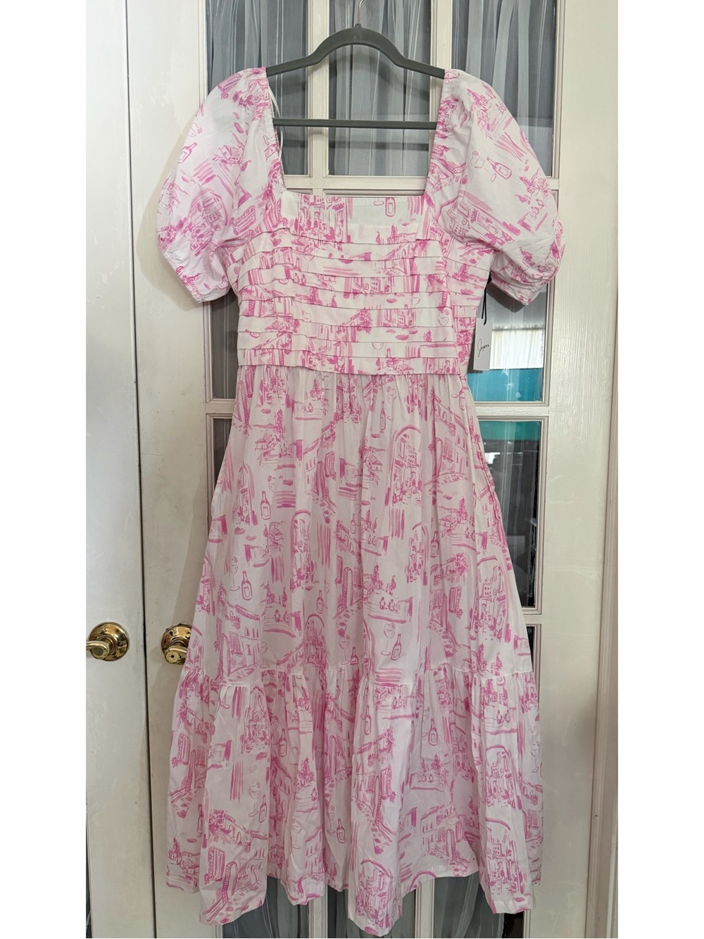 Japna Pink Toile Square-Neck Midi Dress